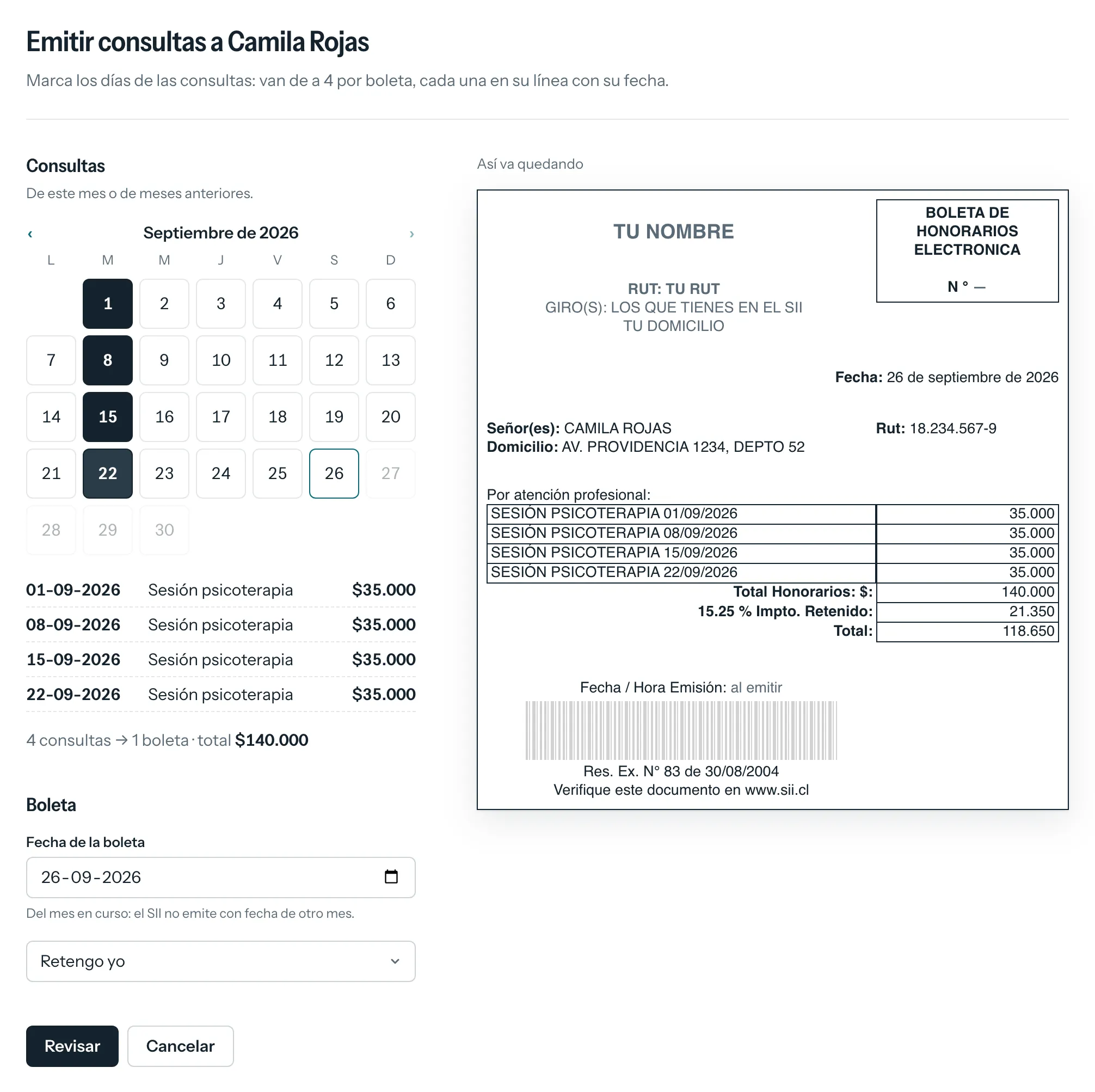 Emitir consultas a una paciente: el calendario de septiembre con cuatro sesiones marcadas, la lista de consultas por $140.000 y la vista previa de la boleta.