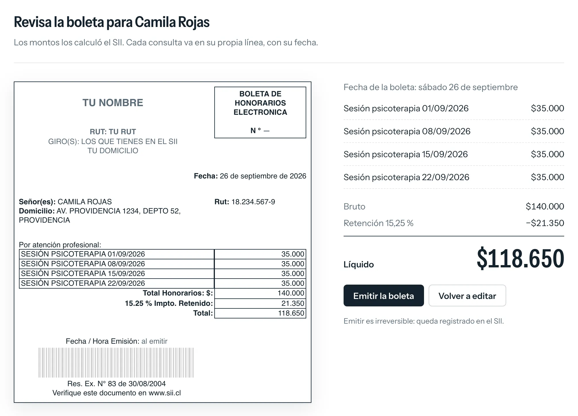 Revisión antes de emitir: la boleta con cuatro sesiones, bruto $140.000, retención 15,25 % y líquido $118.650.
